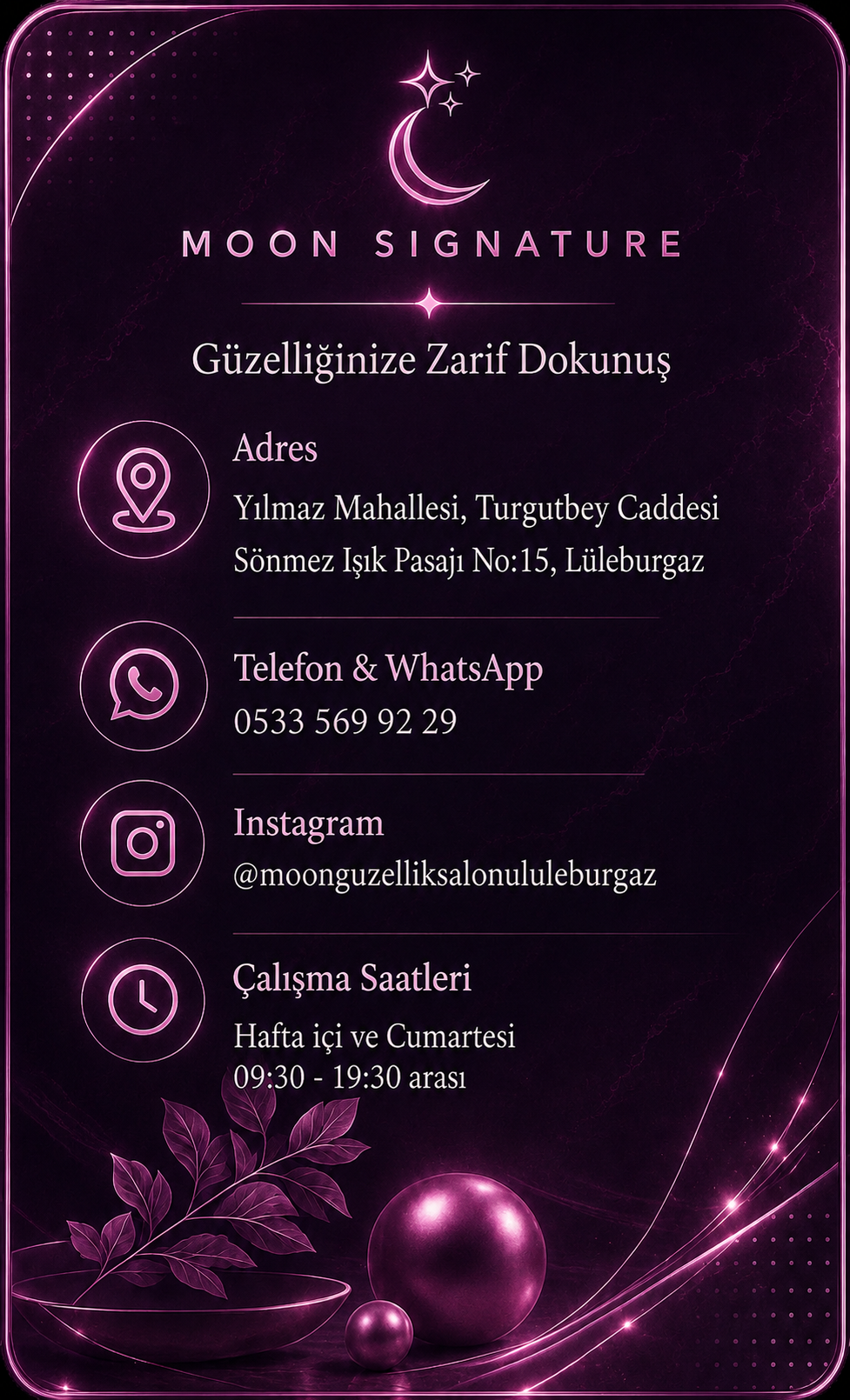 Moon Signature iletişim bilgi kartı